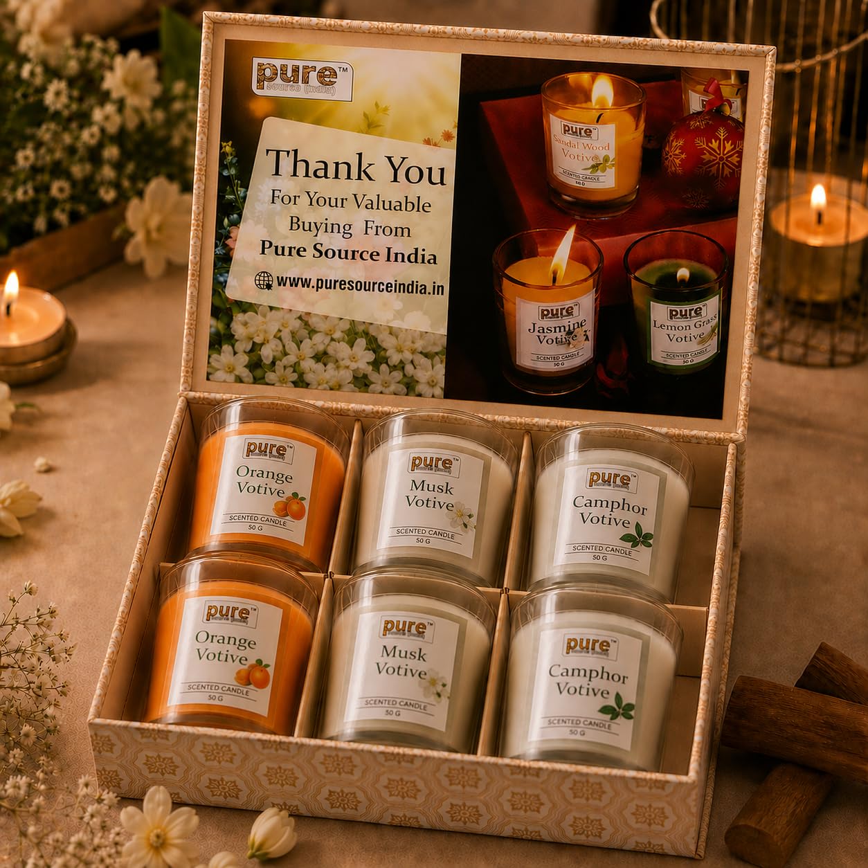 Pure Source India Scented Votive Candle Gift Set of 6 (50g Each) | Premium Glass Jar Candles for Home Décor, Bedroom, Spa, Meditation & Gifting (Orange, Musk & Camphor)