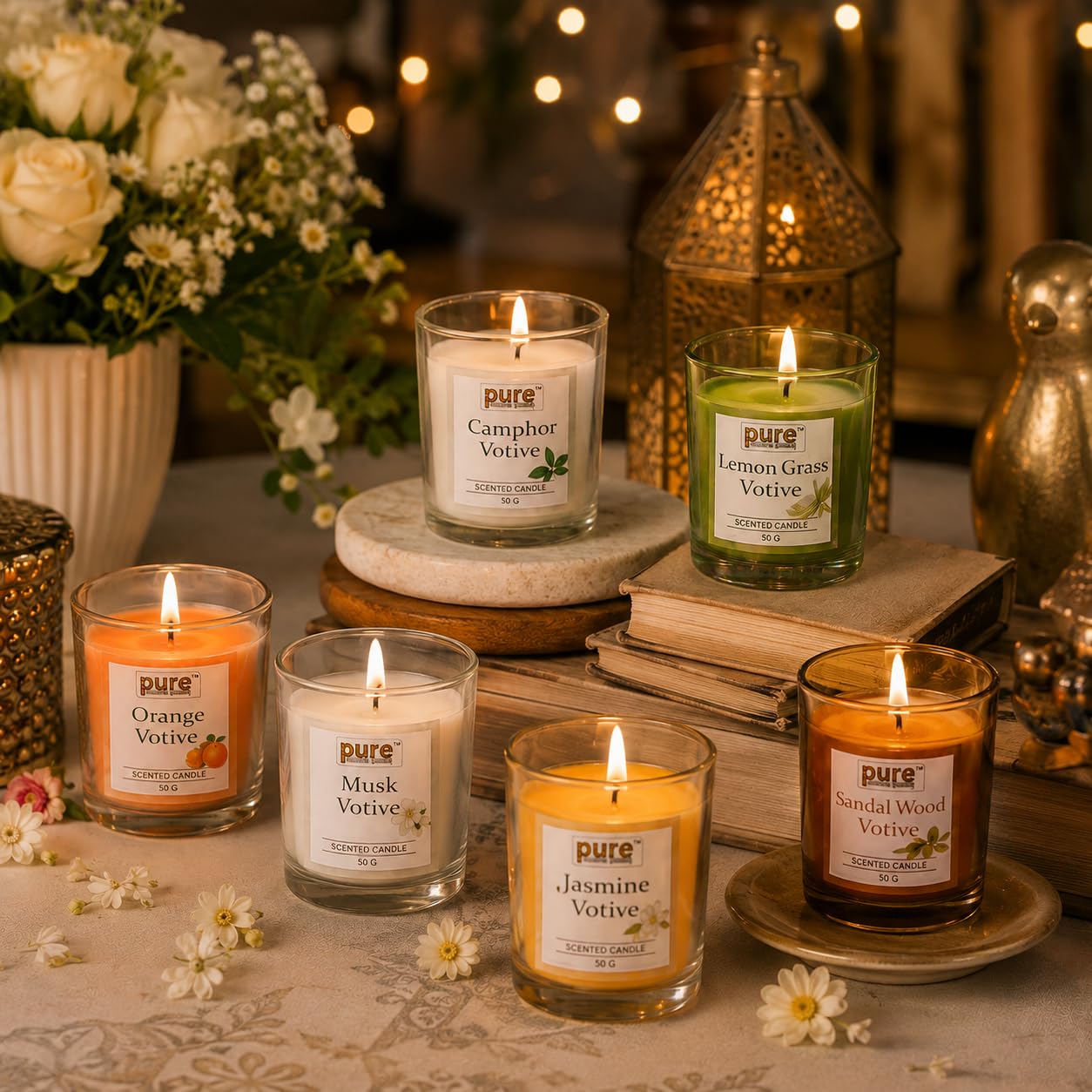 Pure Source India Scented Votive Candle Gift Set of 6 (50g Each) | Premium Glass Jar Candles for Home Décor, Bedroom, Spa, Meditation & Gifting (Orange, Musk & Camphor)