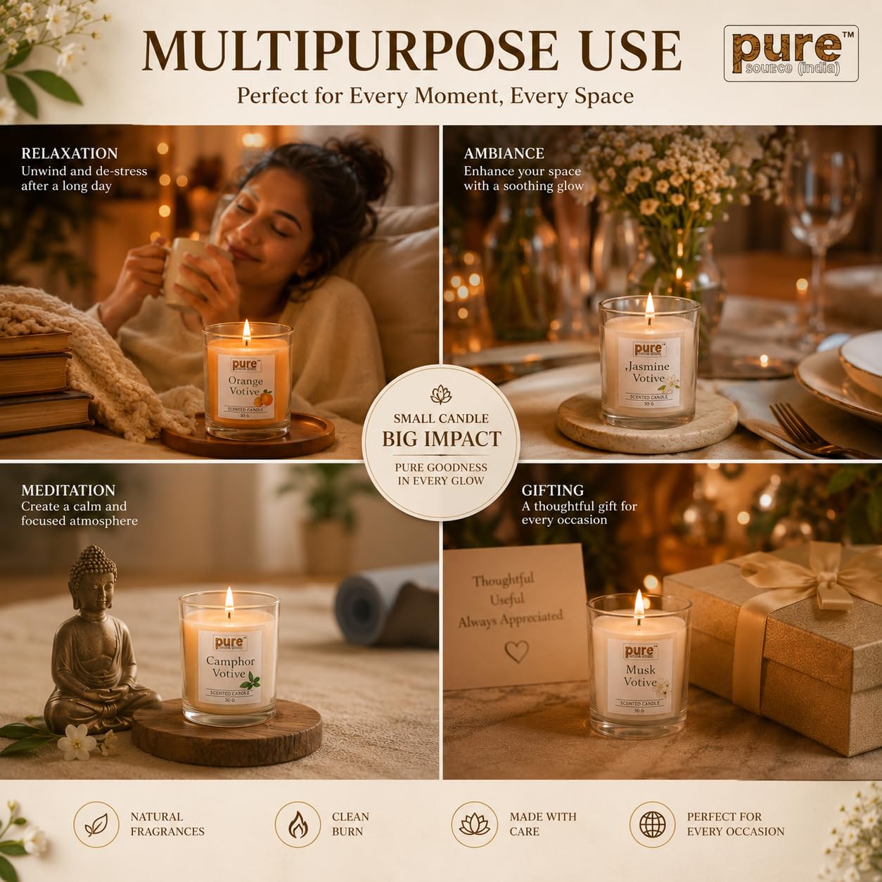 Pure Source India Scented Votive Candle Gift Set of 6 (50g Each) | Premium Glass Jar Candles for Home Décor, Bedroom, Spa, Meditation & Gifting (Orange, Musk & Camphor)