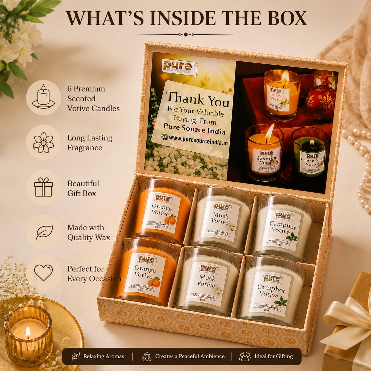 Pure Source India Scented Votive Candle Gift Set of 6 (50g Each) | Premium Glass Jar Candles for Home Décor, Bedroom, Spa, Meditation & Gifting (Orange, Musk & Camphor)