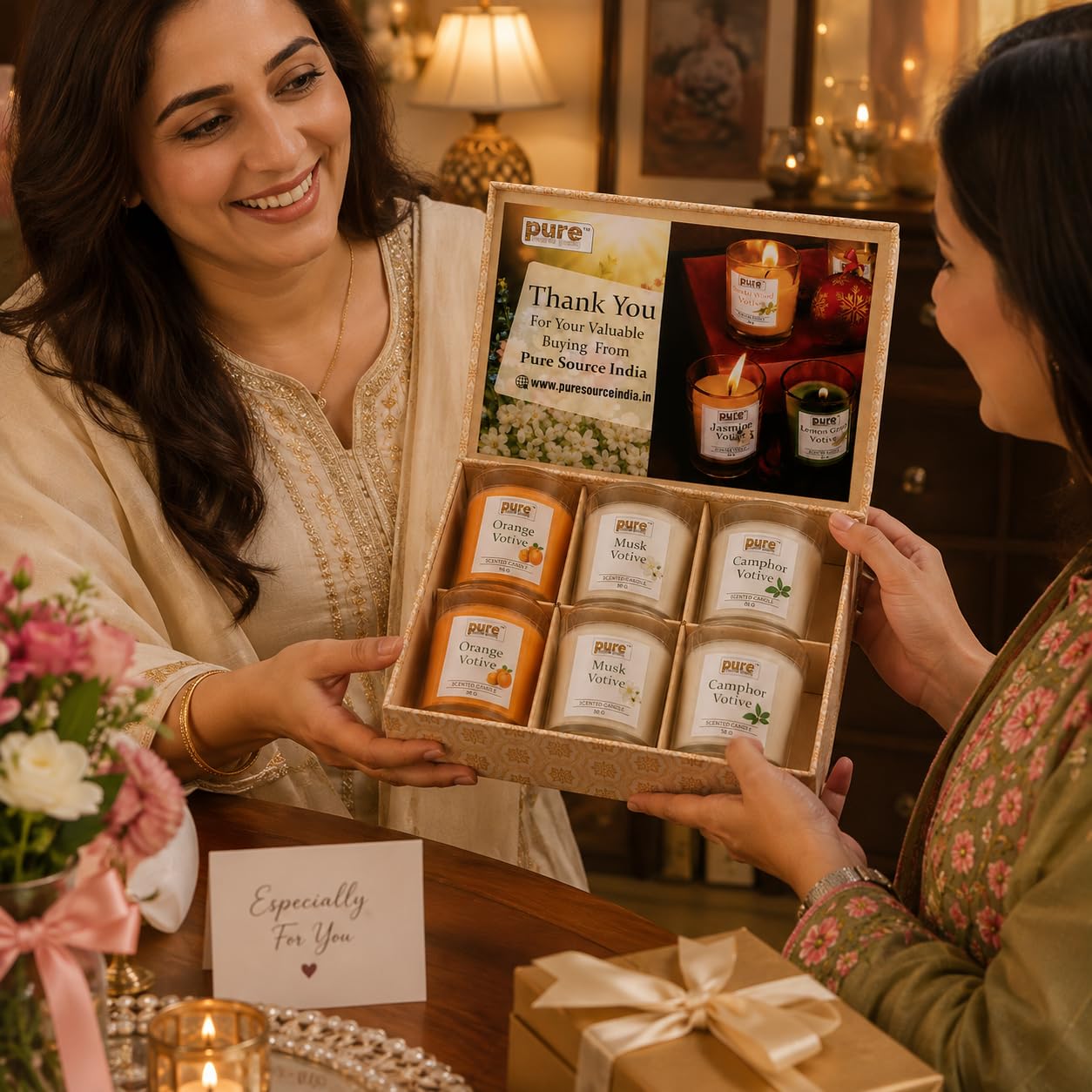 Pure Source India Scented Votive Candle Gift Set of 6 (50g Each) | Premium Glass Jar Candles for Home Décor, Bedroom, Spa, Meditation & Gifting (Orange, Musk & Camphor)