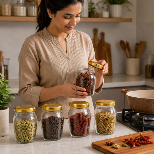 Pure Source India 1000ml Glass Matka Jar with Golden Airtight Lid | Leak-Proof Glass Container for Kitchen, Spices, Dry Fruits, Pickles, Snacks & Multipurpose Storage