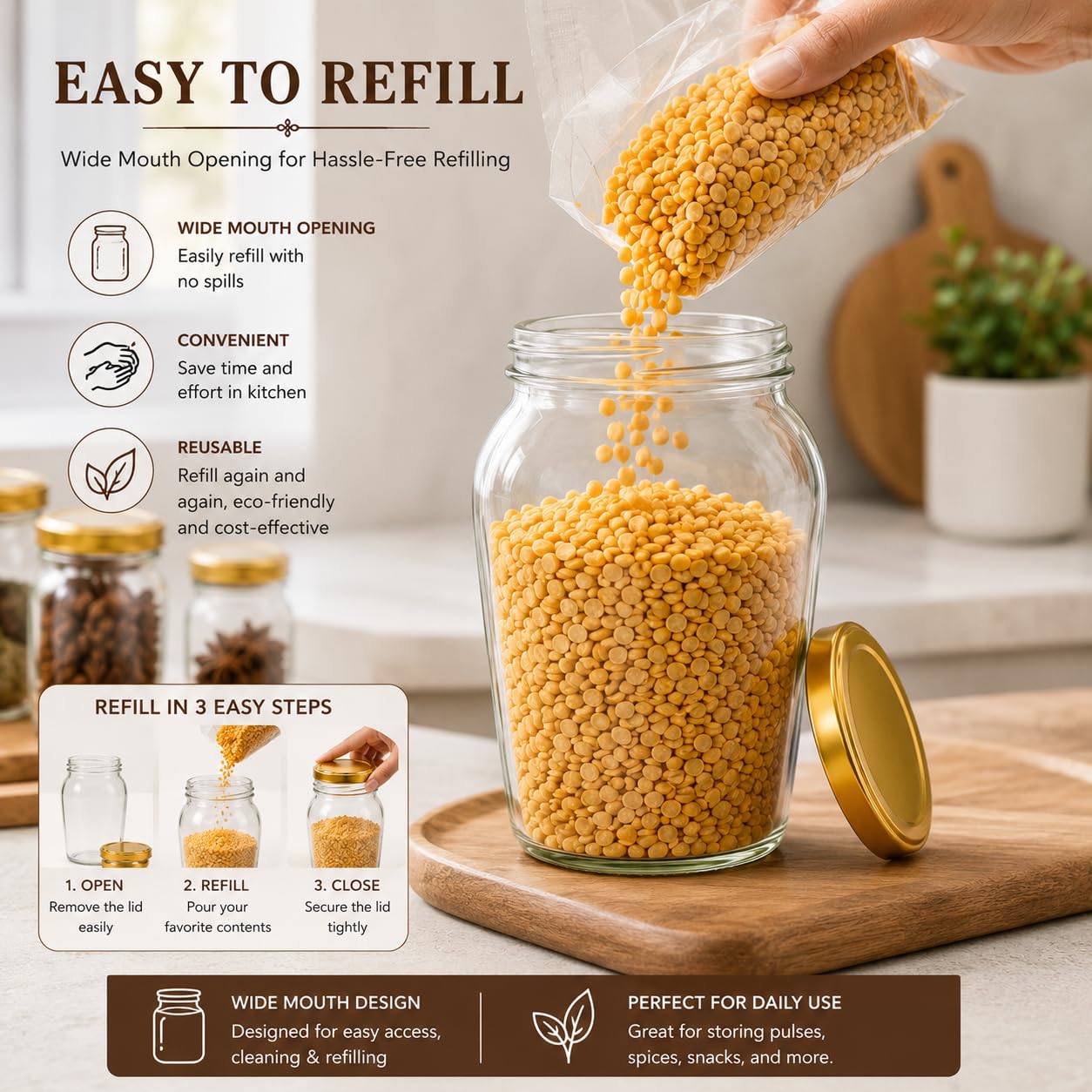 Pure Source India 1000ml Glass Matka Jar with Golden Airtight Lid | Leak-Proof Glass Container for Kitchen, Spices, Dry Fruits, Pickles, Snacks & Multipurpose Storage