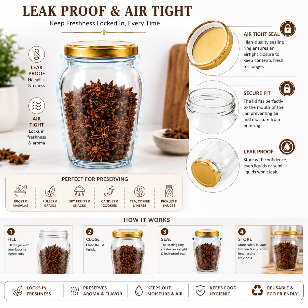 Pure Source India 1000ml Glass Matka Jar with Golden Airtight Lid | Leak-Proof Glass Container for Kitchen, Spices, Dry Fruits, Pickles, Snacks & Multipurpose Storage