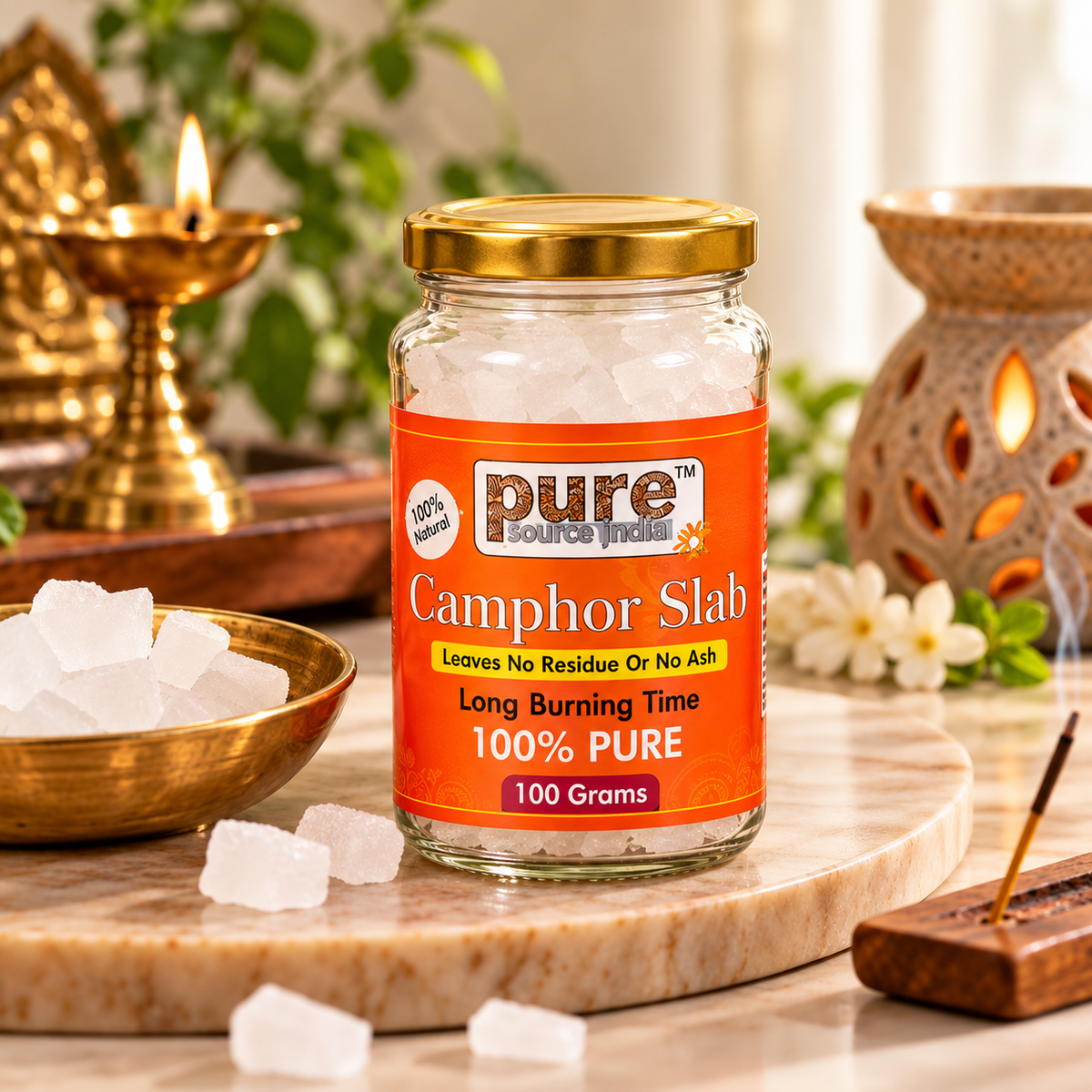 Pure Source India 100% Pure Natural Camphor Slab 100g | Long Burning Camphor for Pooja, Aarti & Home Fragrance
