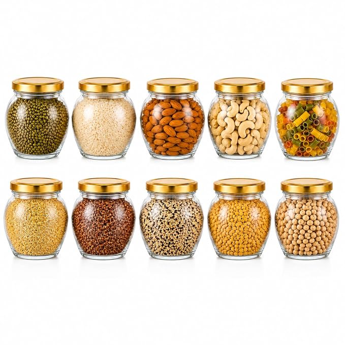 Pure Source India 100ml Glass Matka Jar with Golden Airtight Lid | Leak-Proof Small Glass Container for Spices, Masala, Herbs, Dry Fruits & Kitchen Storage