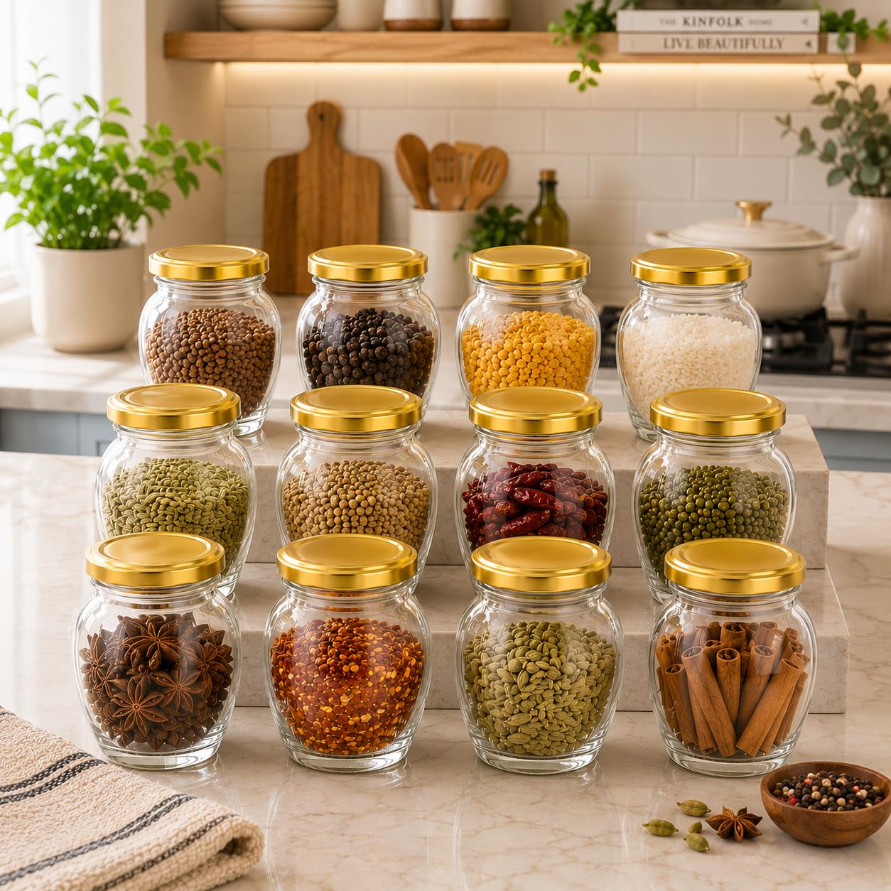 Pure Source India 100ml Glass Matka Jar with Golden Airtight Lid | Leak-Proof Small Glass Container for Spices, Masala, Herbs, Dry Fruits & Kitchen Storage