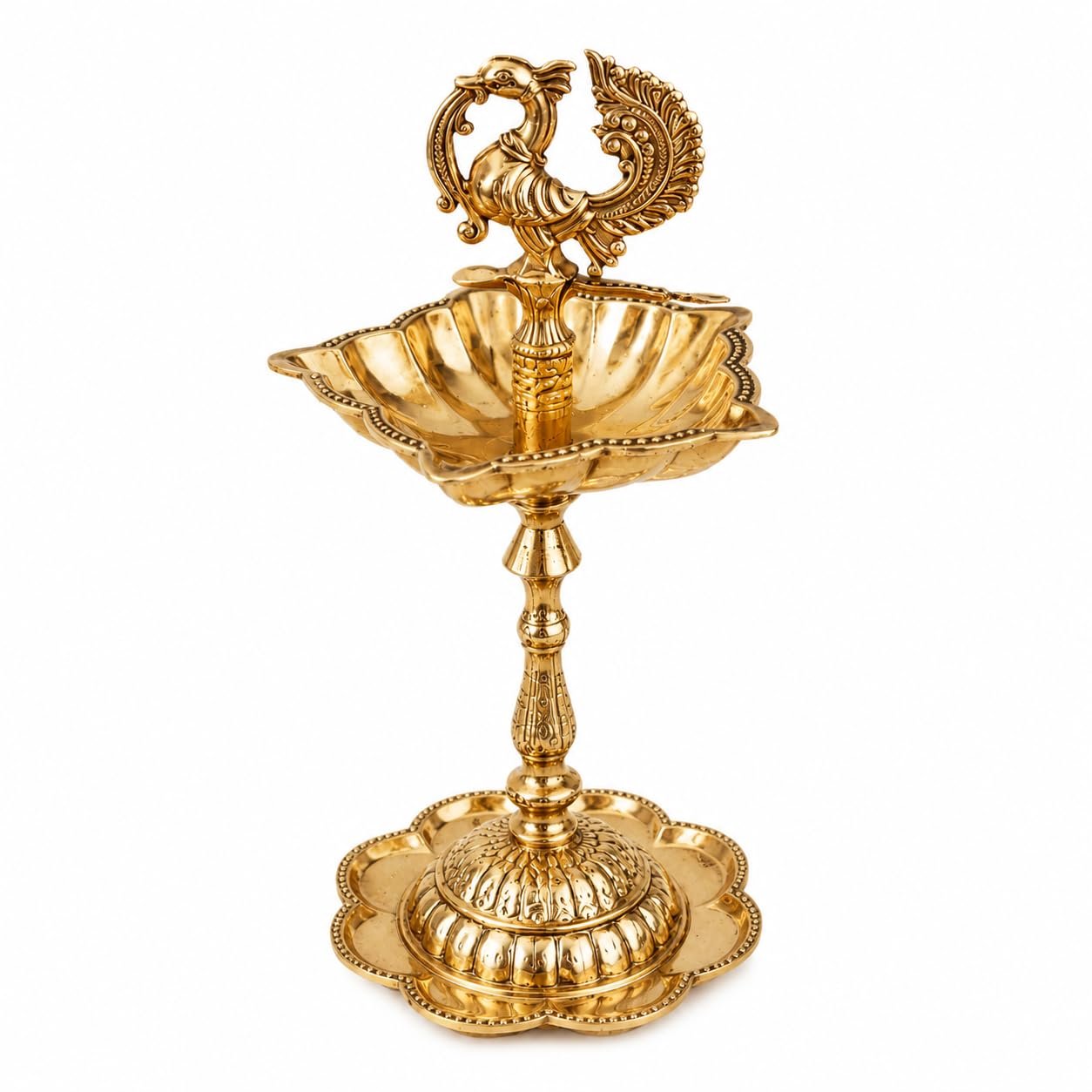 Pure Source India Brass Peacock Diya Stand, 1 Tier | 7L x 7W x 15H cm | Traditional Deepam Lamp for Pooja Room, Temple, Home Mandir, Festivals, Spiritual Decor & Religious Ceremonies