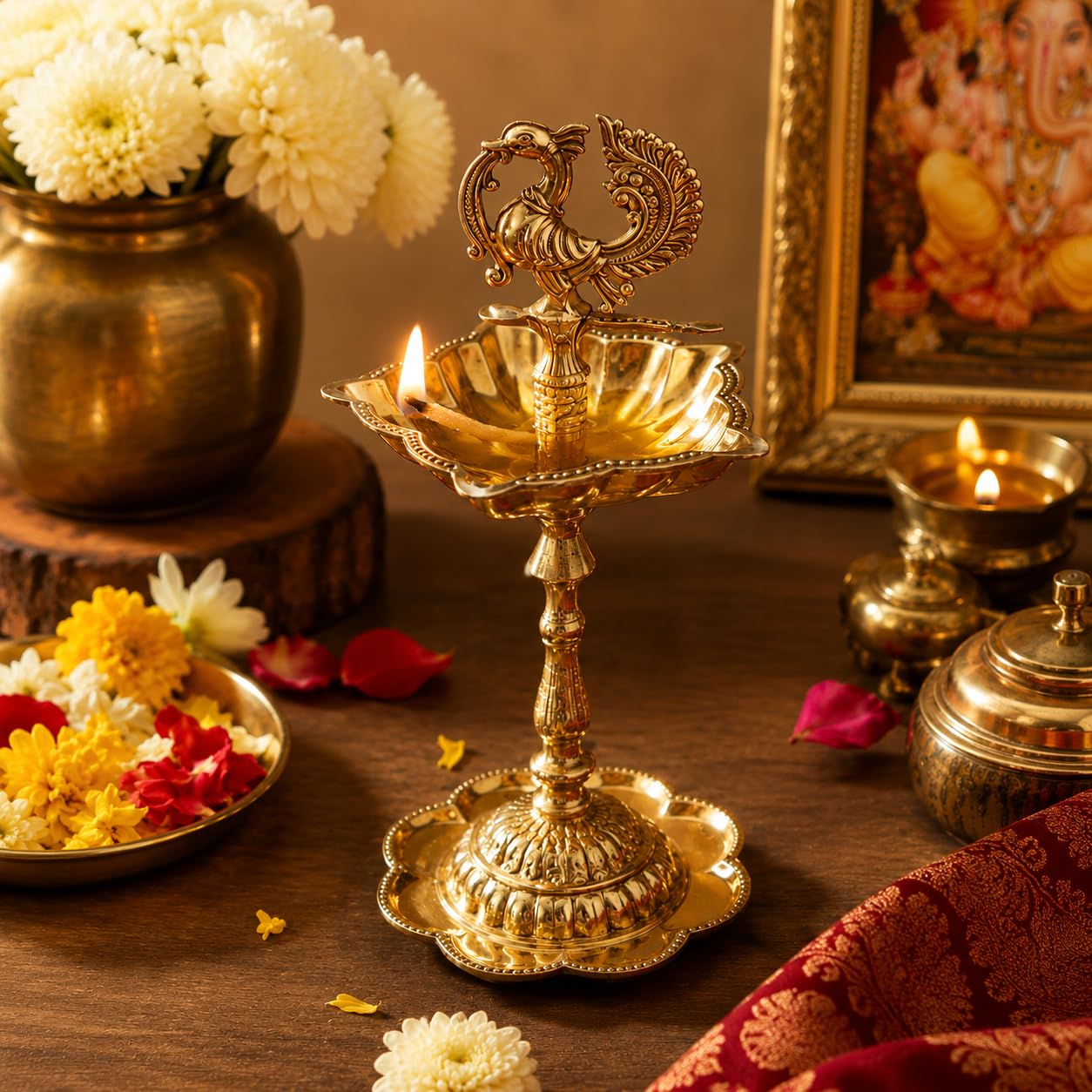 Pure Source India Brass Peacock Diya Stand, 1 Tier | 7L x 7W x 15H cm | Traditional Deepam Lamp for Pooja Room, Temple, Home Mandir, Festivals, Spiritual Decor & Religious Ceremonies