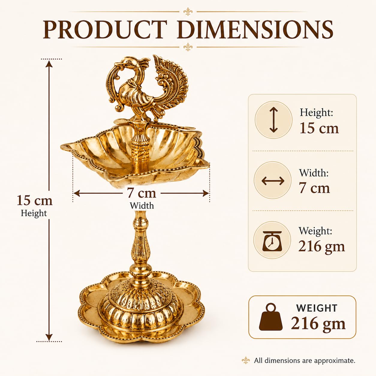 Pure Source India Brass Peacock Diya Stand, 1 Tier | 7L x 7W x 15H cm | Traditional Deepam Lamp for Pooja Room, Temple, Home Mandir, Festivals, Spiritual Decor & Religious Ceremonies