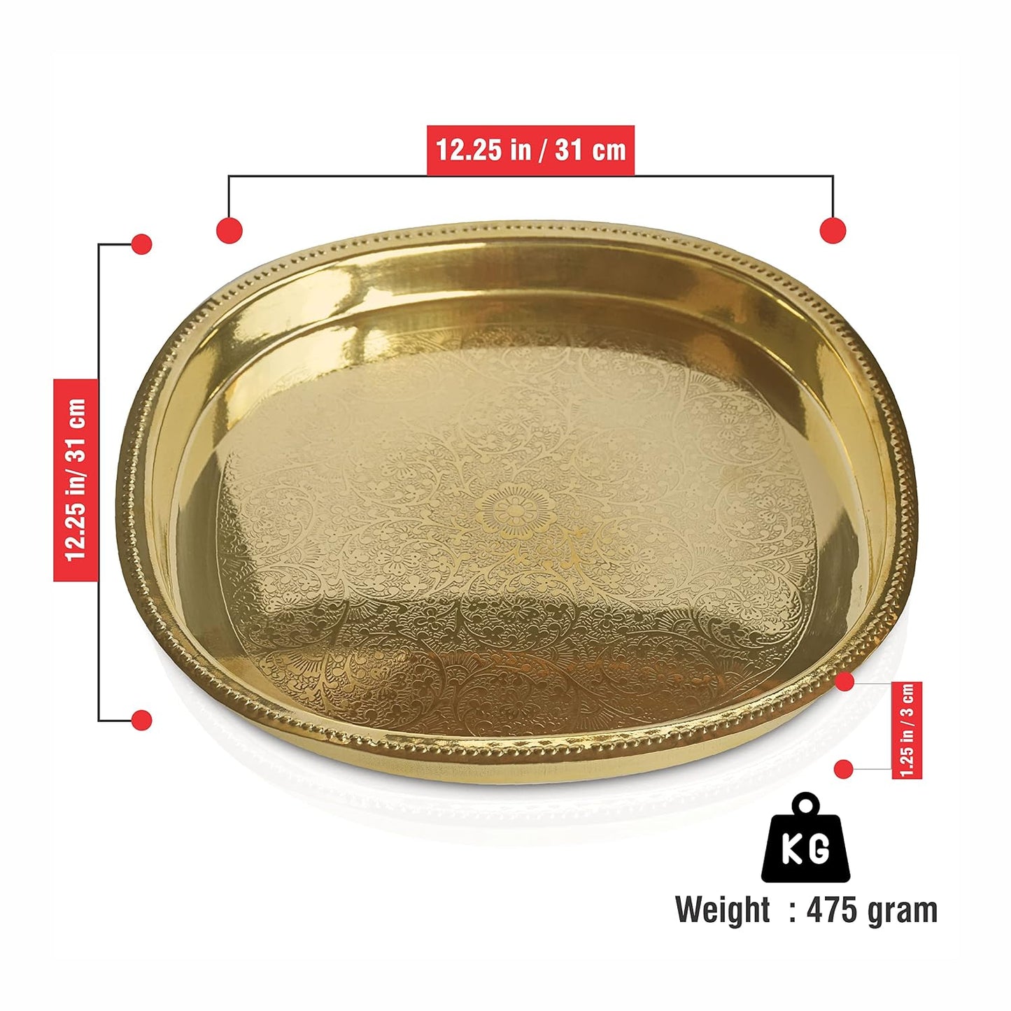 Pure Source India Brass Handmade Serving Tray & Pooja Plate, 12.25 Inch Golden Brass Thali | Traditional Decorative Tray for Pooja, Aarti, Prasad, Home Decor, Festivals & Gifting