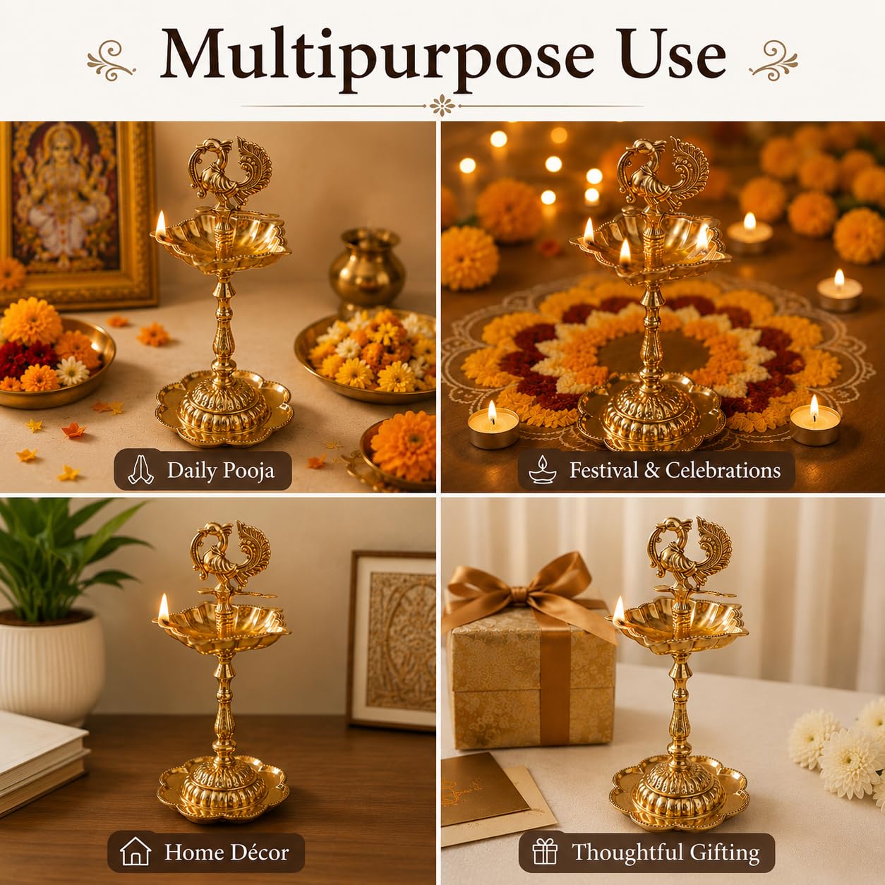 Pure Source India Brass Peacock Diya Stand, 1 Tier | 7L x 7W x 15H cm | Traditional Deepam Lamp for Pooja Room, Temple, Home Mandir, Festivals, Spiritual Decor & Religious Ceremonies