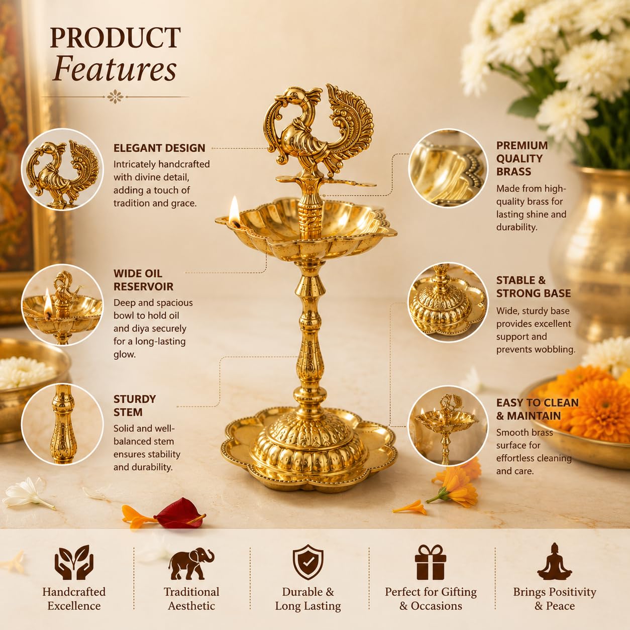 Pure Source India Brass Peacock Diya Stand, 1 Tier | 7L x 7W x 15H cm | Traditional Deepam Lamp for Pooja Room, Temple, Home Mandir, Festivals, Spiritual Decor & Religious Ceremonies