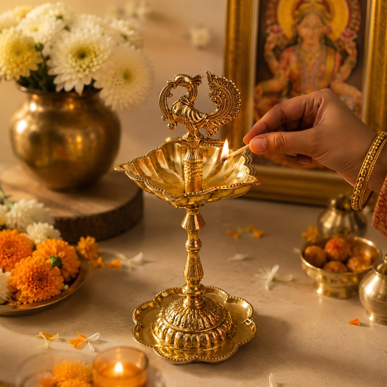 Pure Source India Brass Peacock Diya Stand, 1 Tier | 7L x 7W x 15H cm | Traditional Deepam Lamp for Pooja Room, Temple, Home Mandir, Festivals, Spiritual Decor & Religious Ceremonies