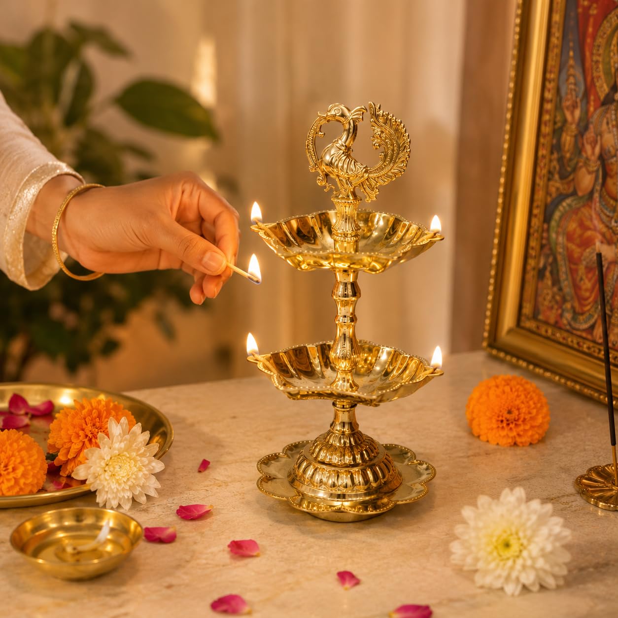 Pure Source India Brass Peacock Diya Stand, 2 Tier | 7L x 7W x 16H cm | Traditional Deepam Lamp for Pooja Room, Temple, Home Mandir, Festivals, Spiritual Decor & Religious Ceremonies