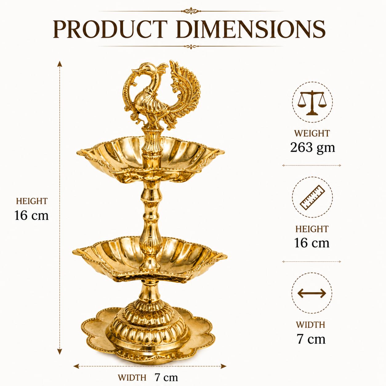 Pure Source India Brass Peacock Diya Stand, 2 Tier | 7L x 7W x 16H cm | Traditional Deepam Lamp for Pooja Room, Temple, Home Mandir, Festivals, Spiritual Decor & Religious Ceremonies