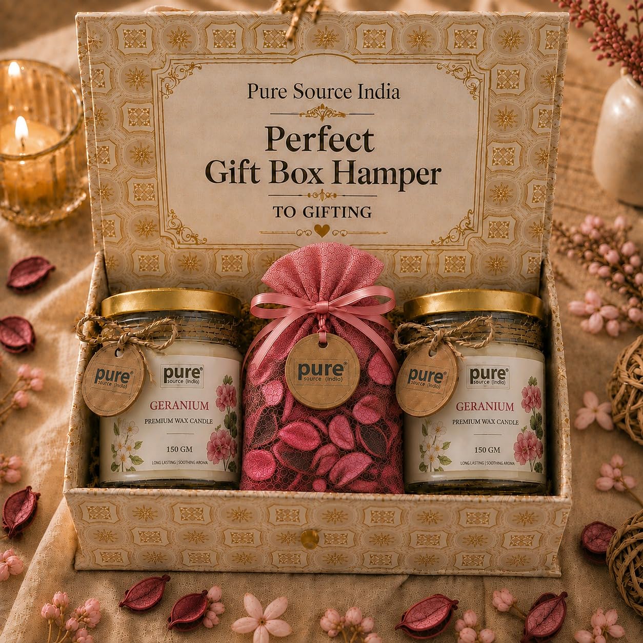 Pure Source India Luxury Festive Gift Box Hamper with Geranium Scented Candles & Pink Potpourri