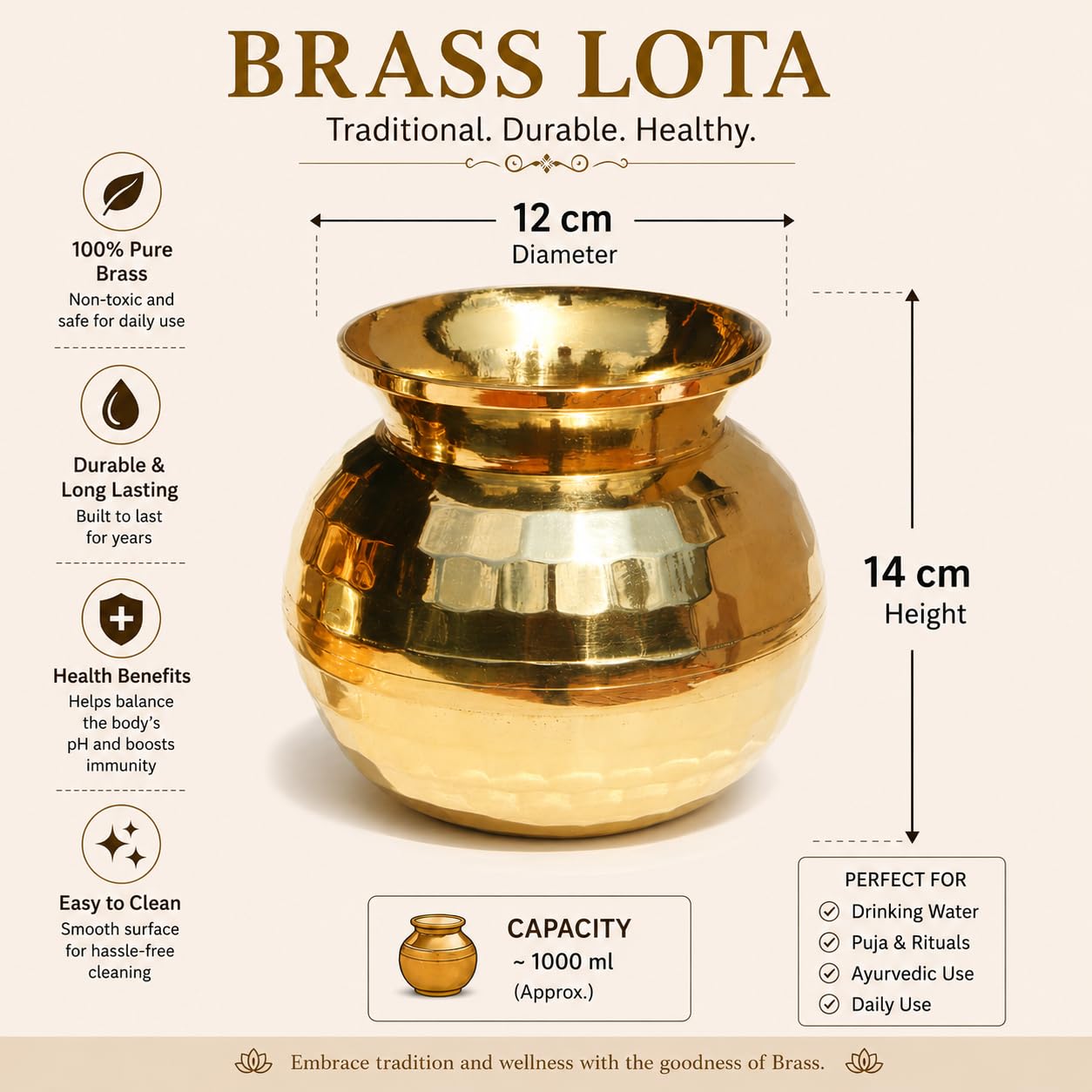 Pure Source India Diamond Cut Brass Lota for Puja | Brass Kalash 500 ML | 4 Inch Gold Finish Traditional Pooja Lota | Hindu Religious Pooja Item & Home Temple Decoration