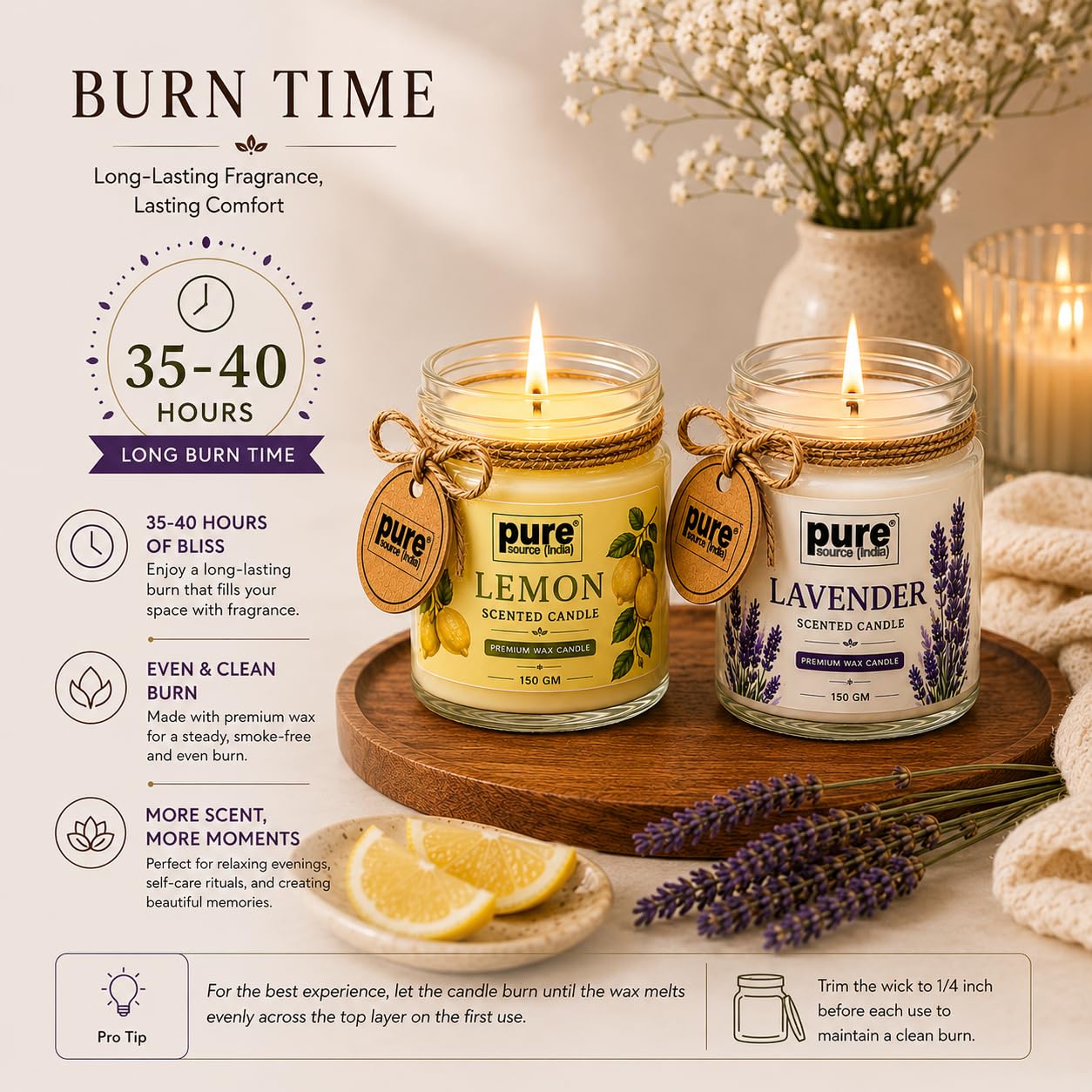 Pure Source India Scented Jar Candle Set of 2 (Lemon & Lavender) | 150 g Each | Premium Wax Candles | 35–40 Hours Burn Time | Aromatherapy Candles for Home Decor, Diwali, Bedroom, Spa & Gifting