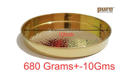 Pure Source India Pure Brass Hammered Thali/Tray, Heavy Weight Dinner Plate, Gold, Round, Pack of 1