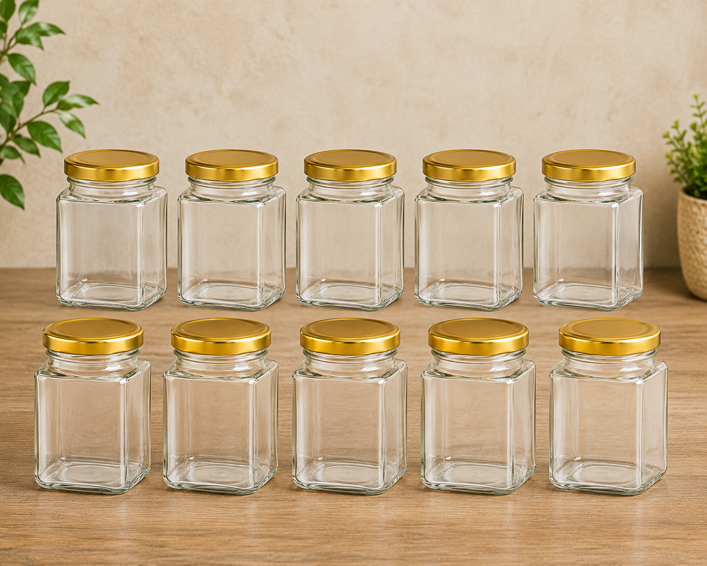 Pure Source India 150gm, Square Glass Jar with Gold Lug Cap | Airtight Food Storage Jar for Honey, Jam, Pickles, Spices & Preserves