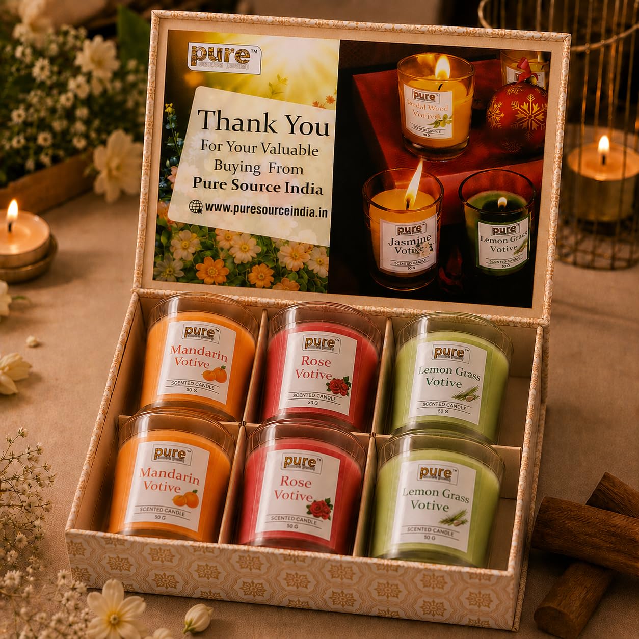 Pure Source India Premium Scented Candle Gift Box Set of 6 (50g Each) | for Home Décor, Diwali, Bedroom, Spa, Meditation & Gifting (Mandarin, Rose, Lemongrass)