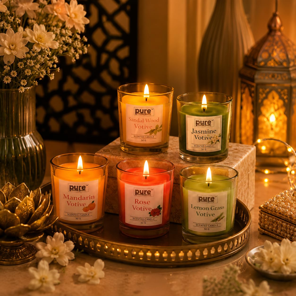Pure Source India Premium Scented Candle Gift Box Set of 6 (50g Each) | for Home Décor, Diwali, Bedroom, Spa, Meditation & Gifting (Mandarin, Rose, Lemongrass)