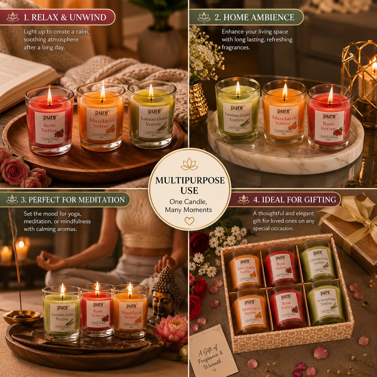 Pure Source India Premium Scented Candle Gift Box Set of 6 (50g Each) | for Home Décor, Diwali, Bedroom, Spa, Meditation & Gifting (Mandarin, Rose, Lemongrass)