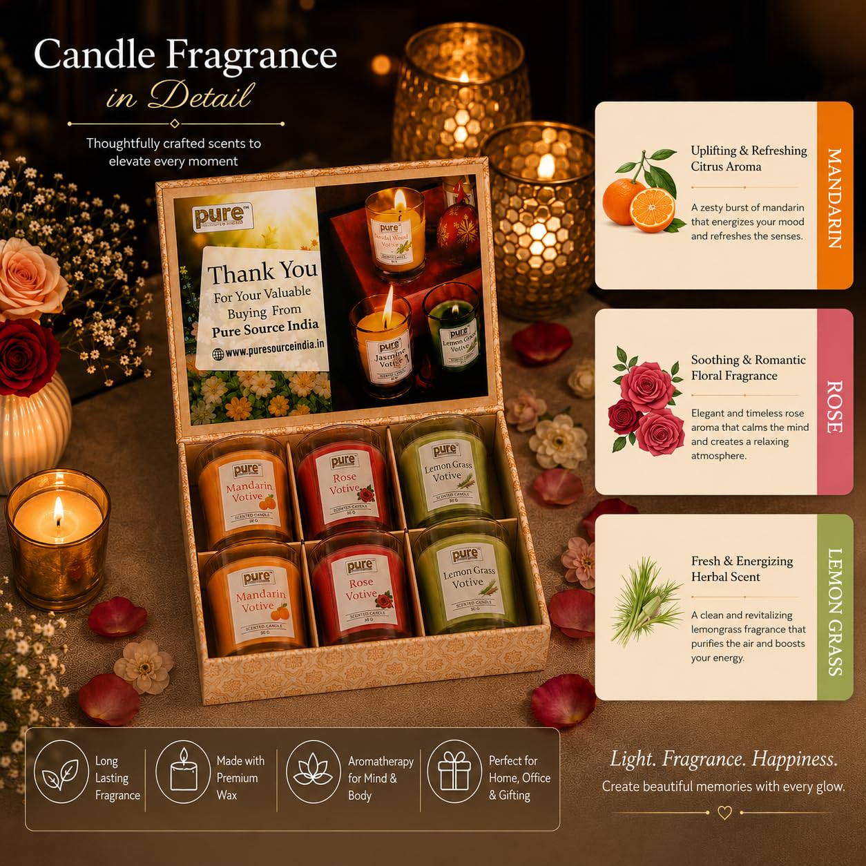 Pure Source India Premium Scented Candle Gift Box Set of 6 (50g Each) | for Home Décor, Diwali, Bedroom, Spa, Meditation & Gifting (Mandarin, Rose, Lemongrass)