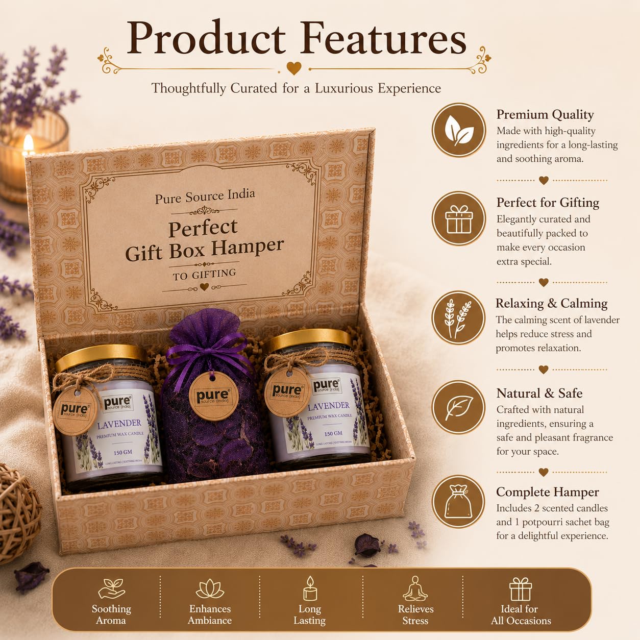 Pure Source India Luxury Festive Gift Box Hamper with Lavender Scented Candles & Purple Potpourri| Premium Gift Set