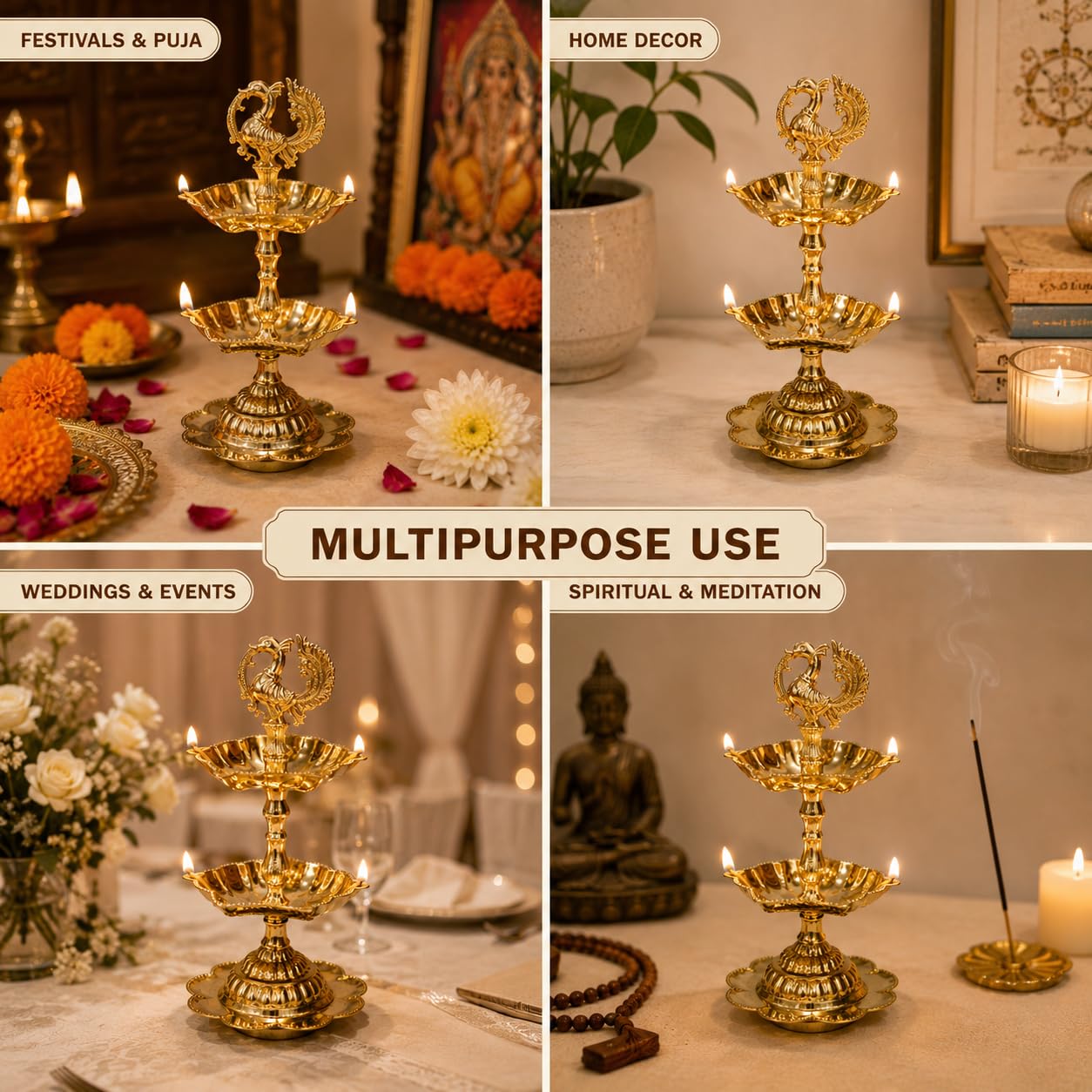 Pure Source India Brass Peacock Diya Stand, 2 Tier | 7L x 7W x 16H cm | Traditional Deepam Lamp for Pooja Room, Temple, Home Mandir, Festivals, Spiritual Decor & Religious Ceremonies