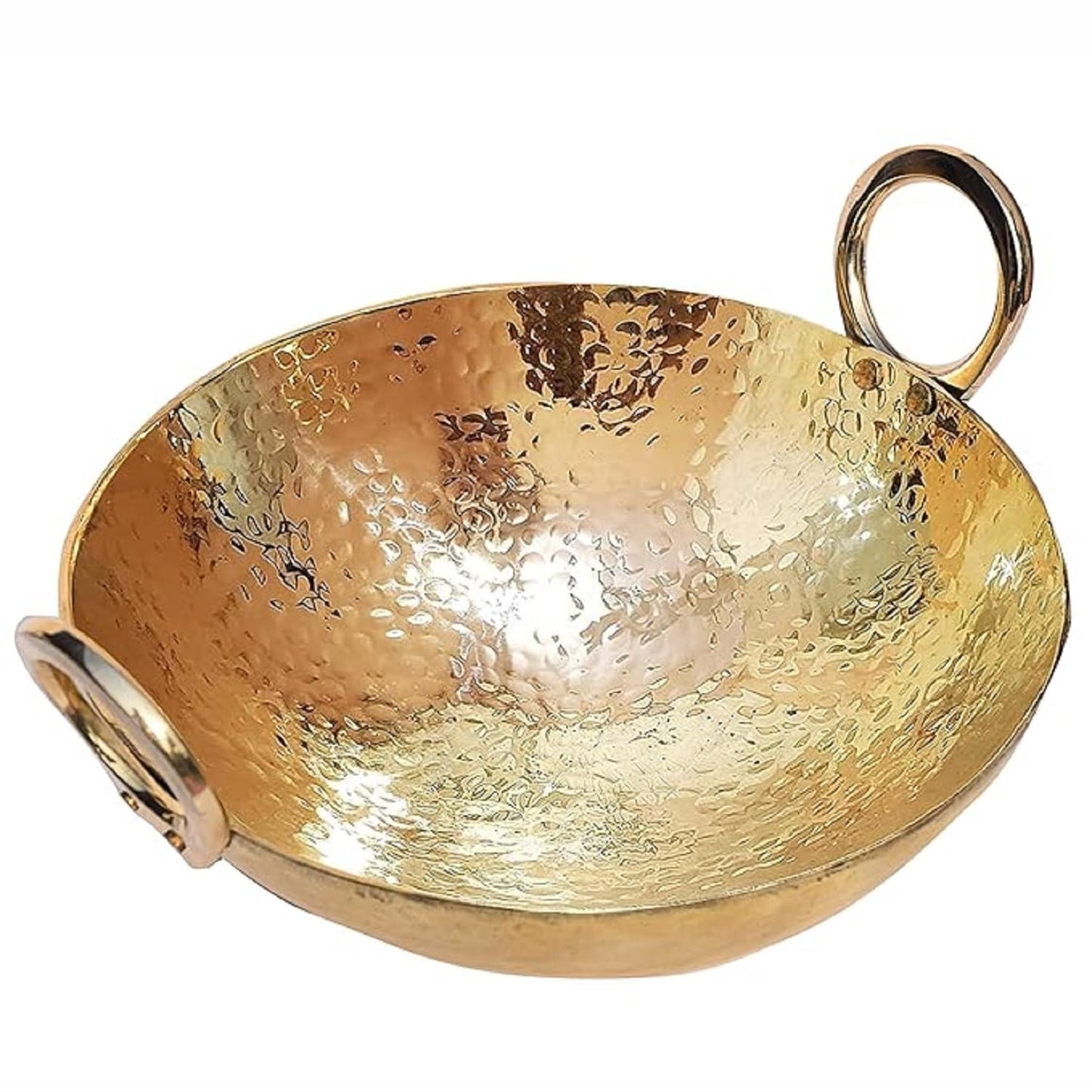 Pure Source India Brass Hammered Kadhai Frying Pan with Handle, 12 Inch 2 L Heavy Brass Cookware | Traditional Indian Kadhai for Cooking, Frying, Kitchen & Gifting