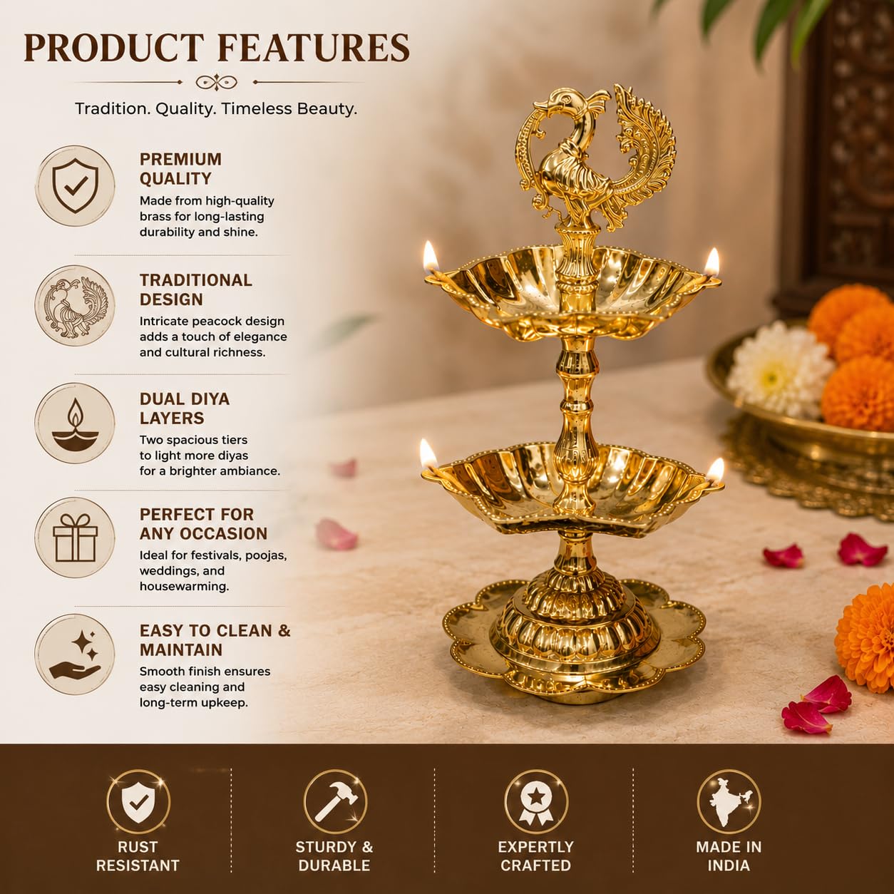 Pure Source India Brass Peacock Diya Stand, 2 Tier | 7L x 7W x 16H cm | Traditional Deepam Lamp for Pooja Room, Temple, Home Mandir, Festivals, Spiritual Decor & Religious Ceremonies