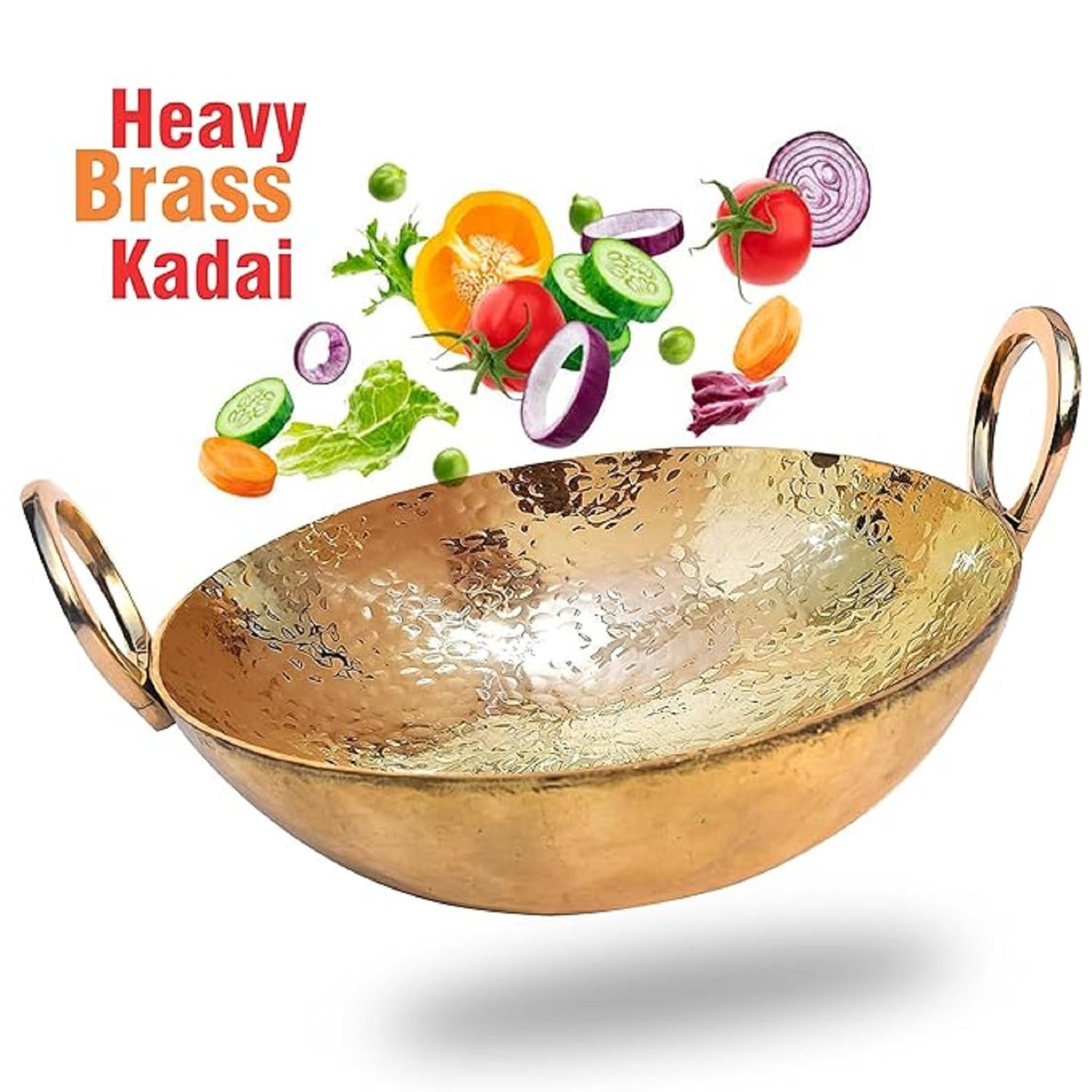 Pure Source India Brass Hammered Kadhai Frying Pan with Handle, 12 Inch 2 L Heavy Brass Cookware | Traditional Indian Kadhai for Cooking, Frying, Kitchen & Gifting