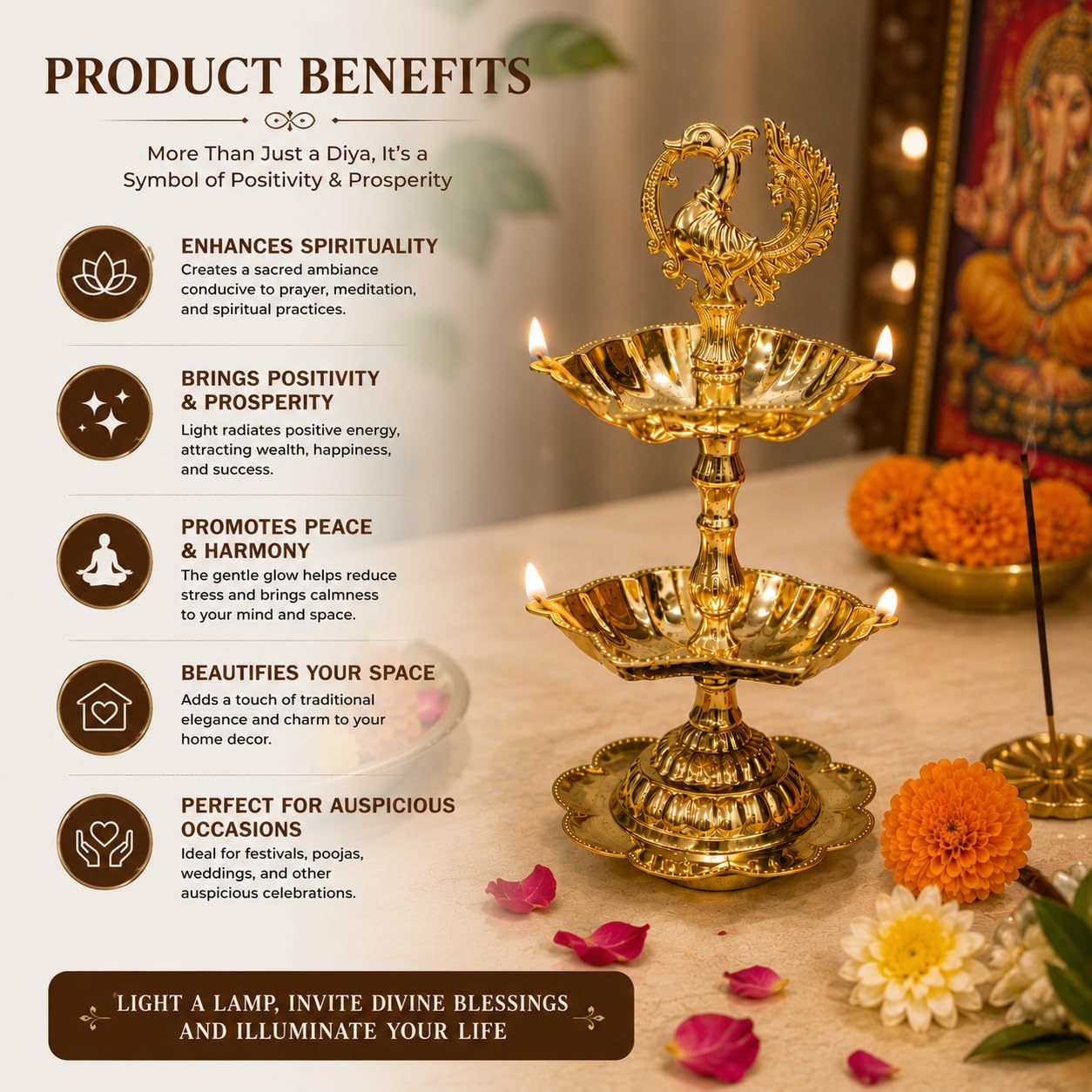 Pure Source India Brass Peacock Diya Stand, 2 Tier | 7L x 7W x 16H cm | Traditional Deepam Lamp for Pooja Room, Temple, Home Mandir, Festivals, Spiritual Decor & Religious Ceremonies