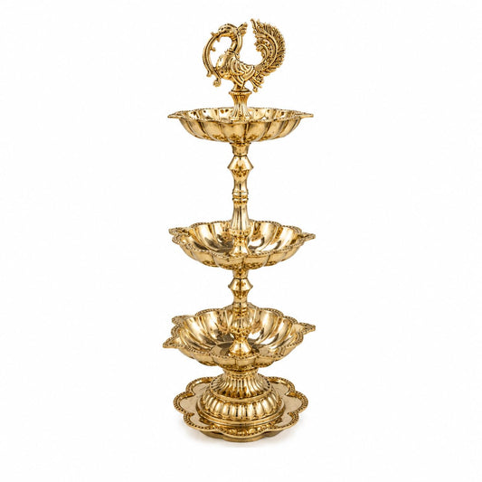 Pure Source India Brass Peacock Diya Stand, 3 Tier | 7L x 7W x 23H cm | Traditional Deepam Lamp for Pooja Room, Temple, Home Mandir, Festivals, Spiritual Decor & Religious Ceremonies
