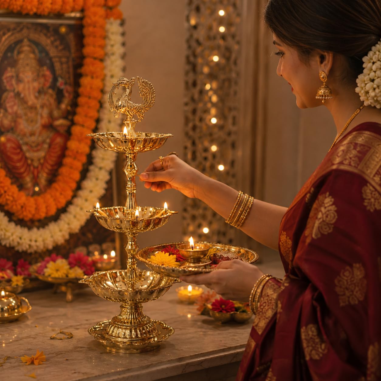 Pure Source India Brass Peacock Diya Stand, 3 Tier | 7L x 7W x 23H cm | Traditional Deepam Lamp for Pooja Room, Temple, Home Mandir, Festivals, Spiritual Decor & Religious Ceremonies