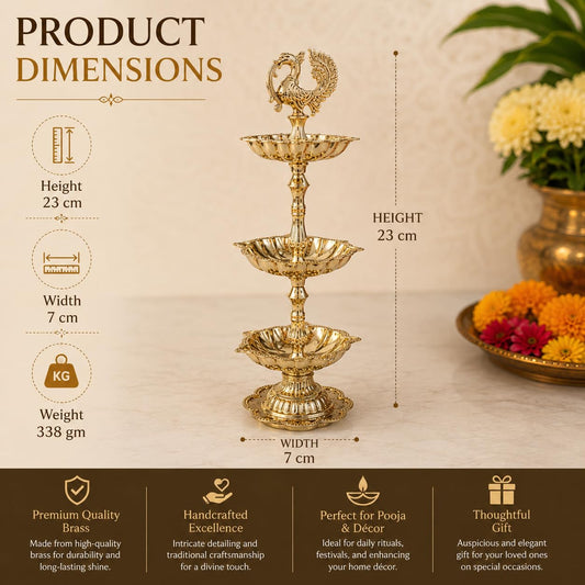 Pure Source India Brass Peacock Diya Stand, 3 Tier | 7L x 7W x 23H cm | Traditional Deepam Lamp for Pooja Room, Temple, Home Mandir, Festivals, Spiritual Decor & Religious Ceremonies