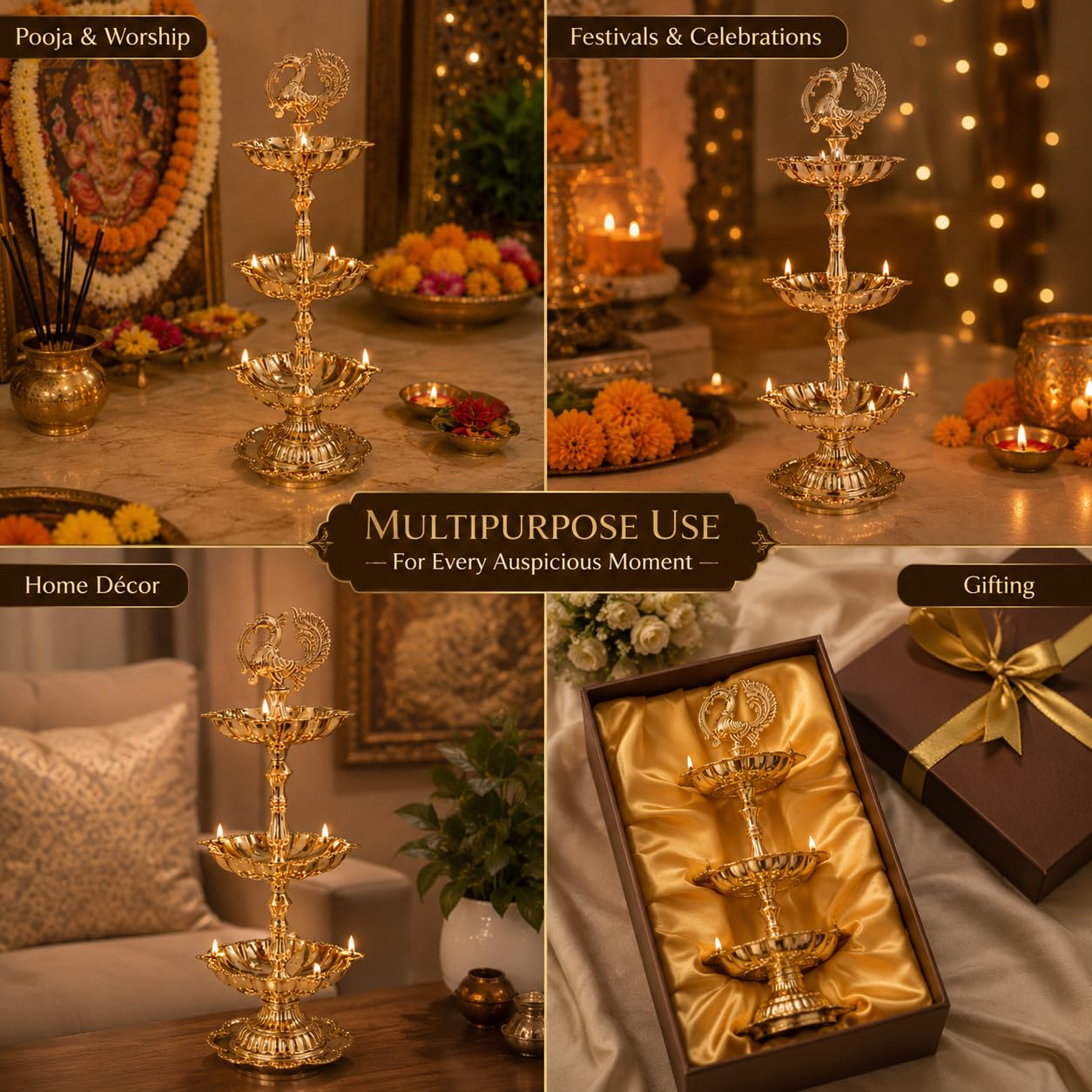 Pure Source India Brass Peacock Diya Stand, 3 Tier | 7L x 7W x 23H cm | Traditional Deepam Lamp for Pooja Room, Temple, Home Mandir, Festivals, Spiritual Decor & Religious Ceremonies