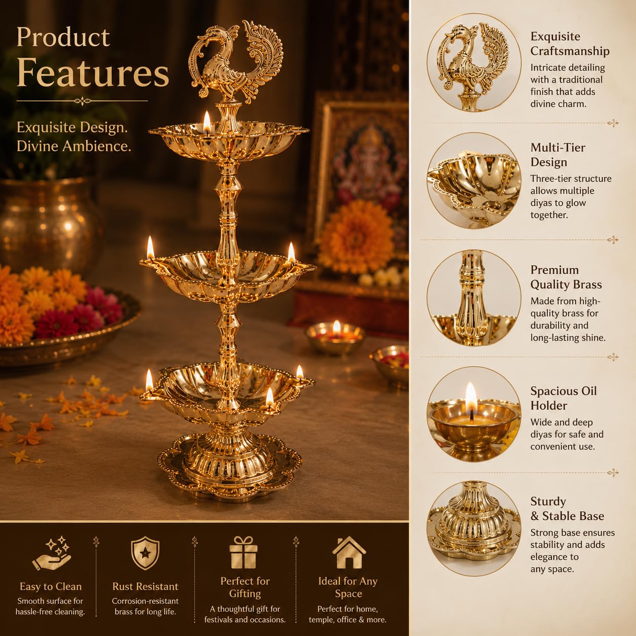 Pure Source India Brass Peacock Diya Stand, 3 Tier | 7L x 7W x 23H cm | Traditional Deepam Lamp for Pooja Room, Temple, Home Mandir, Festivals, Spiritual Decor & Religious Ceremonies