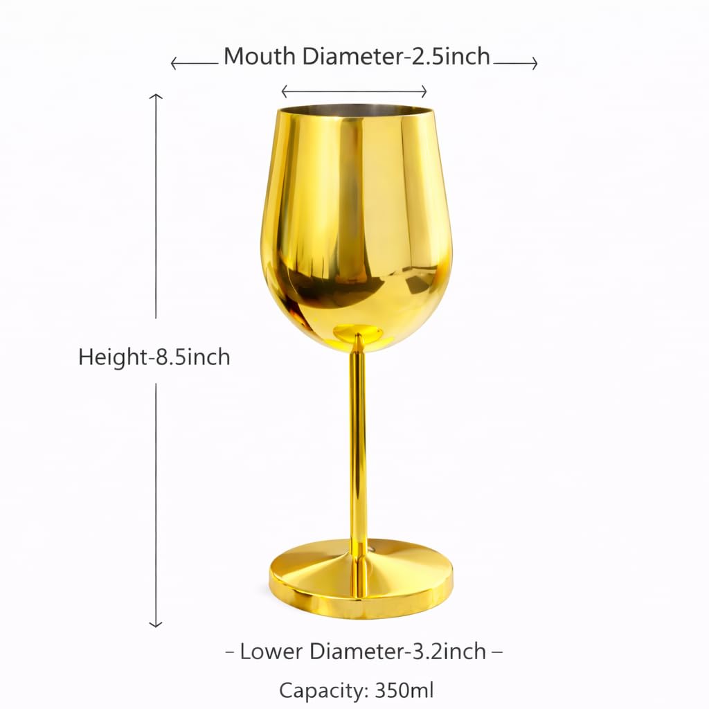 Pure Source India Stainless Steel Gold Plated Wine Glass Set of 2 | 350ML Premium Metal Wine Goblets | 8.5 Inch Elegant Stemware for Home, Party, Dining, Wedding & Gifting
