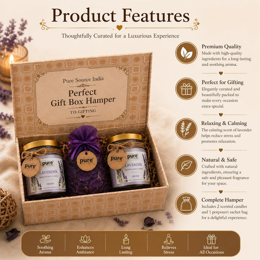 Pure Source India Luxury Festive Gift Box Hamper with Lavender Scented Candles & Purple Potpourri| Premium Gift Set