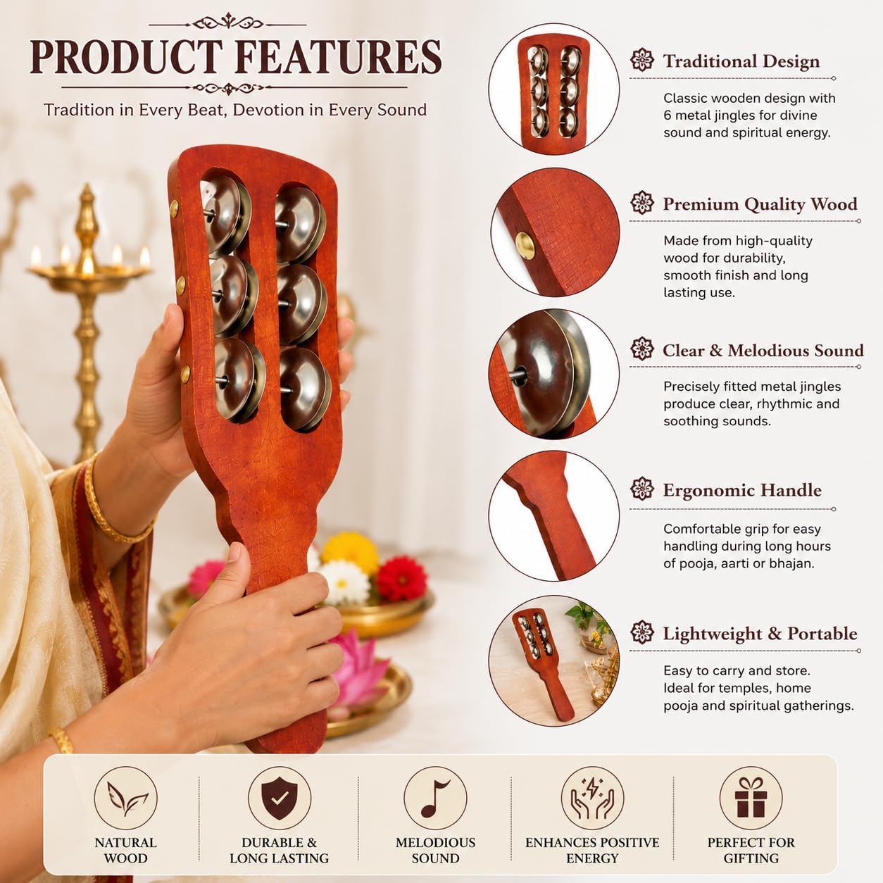 Pure Source India Wooden Kartal Handheld Jingle Bell Musical Instrument Pack of 2 | 6 Stainless Steel Bells | Traditional Rhythm Shaker for Bhajan, Kirtan, Pooja, Aarti, Music Class & Kids