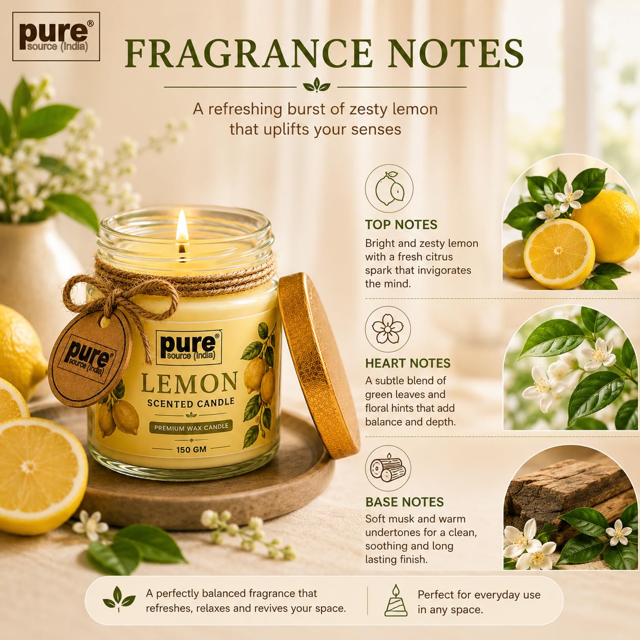 Pure Source India Lemon Scented Jar Candle | 150 GM | Premium Wax Candle | 35-40 Hours Burn Time | Aromatherapy Candle for Home Decor, Bedroom, Spa, Meditation & Gift
