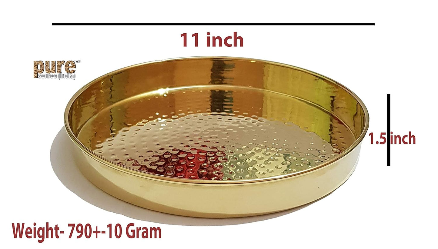 Pure Source India Pure Brass Hammered Thali/Tray, Heavy Weight Dinner Plate, Gold, Round, Pack of 1