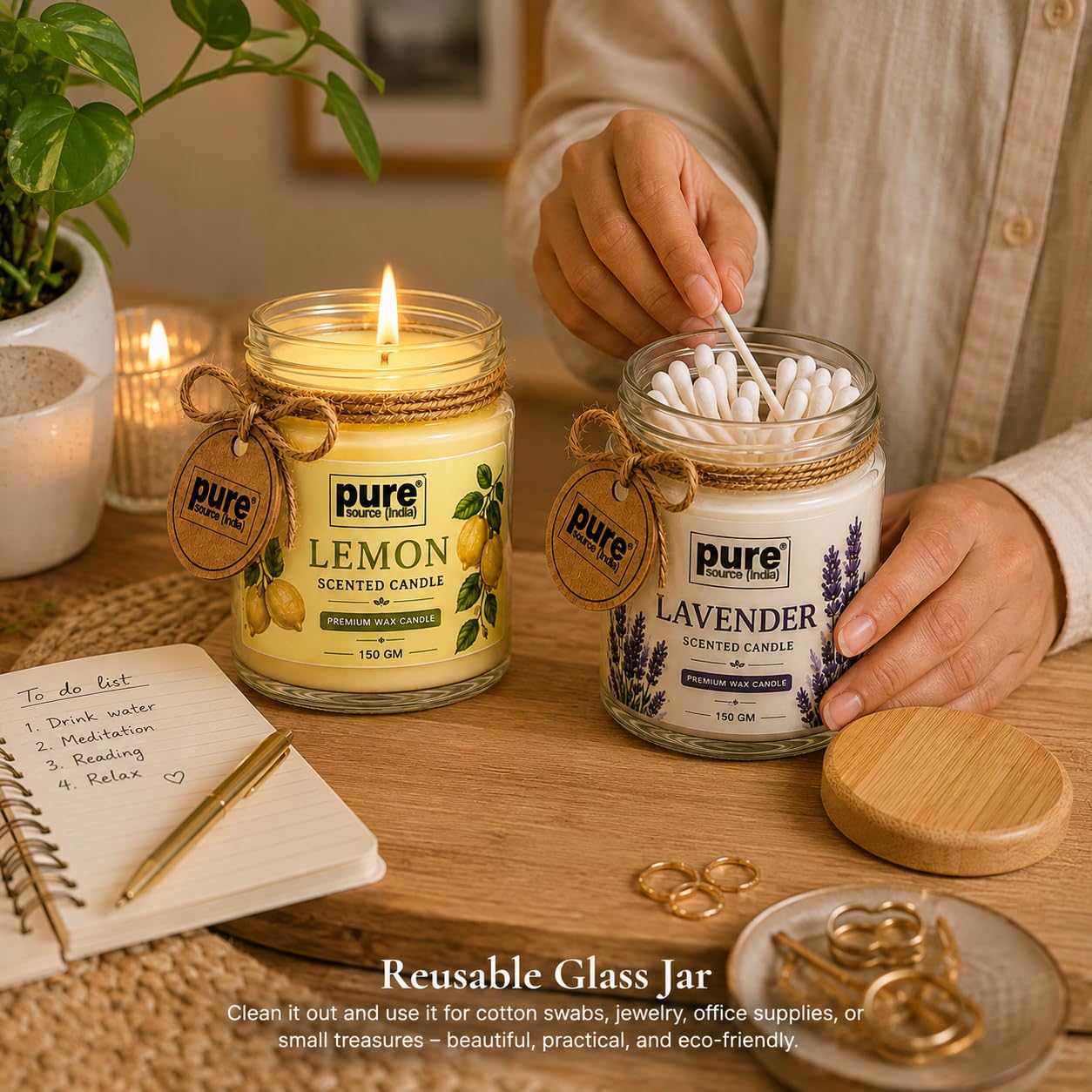 Pure Source India Scented Jar Candle Set of 2 (Lemon & Lavender) | 150 g Each | Premium Wax Candles | 35–40 Hours Burn Time | Aromatherapy Candles for Home Decor, Diwali, Bedroom, Spa & Gifting