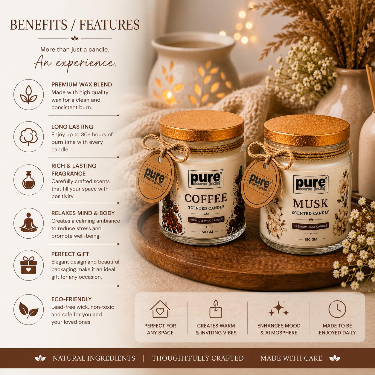 Pure Source India Scented Jar Candle Set of 2 (Coffee & Musk) | 150g Each | Premium Wax Candles | 35-40 Hours Burn Time | Aromatherapy Candles for Home Decor, Diwali, Bedroom, Spa & Gifts