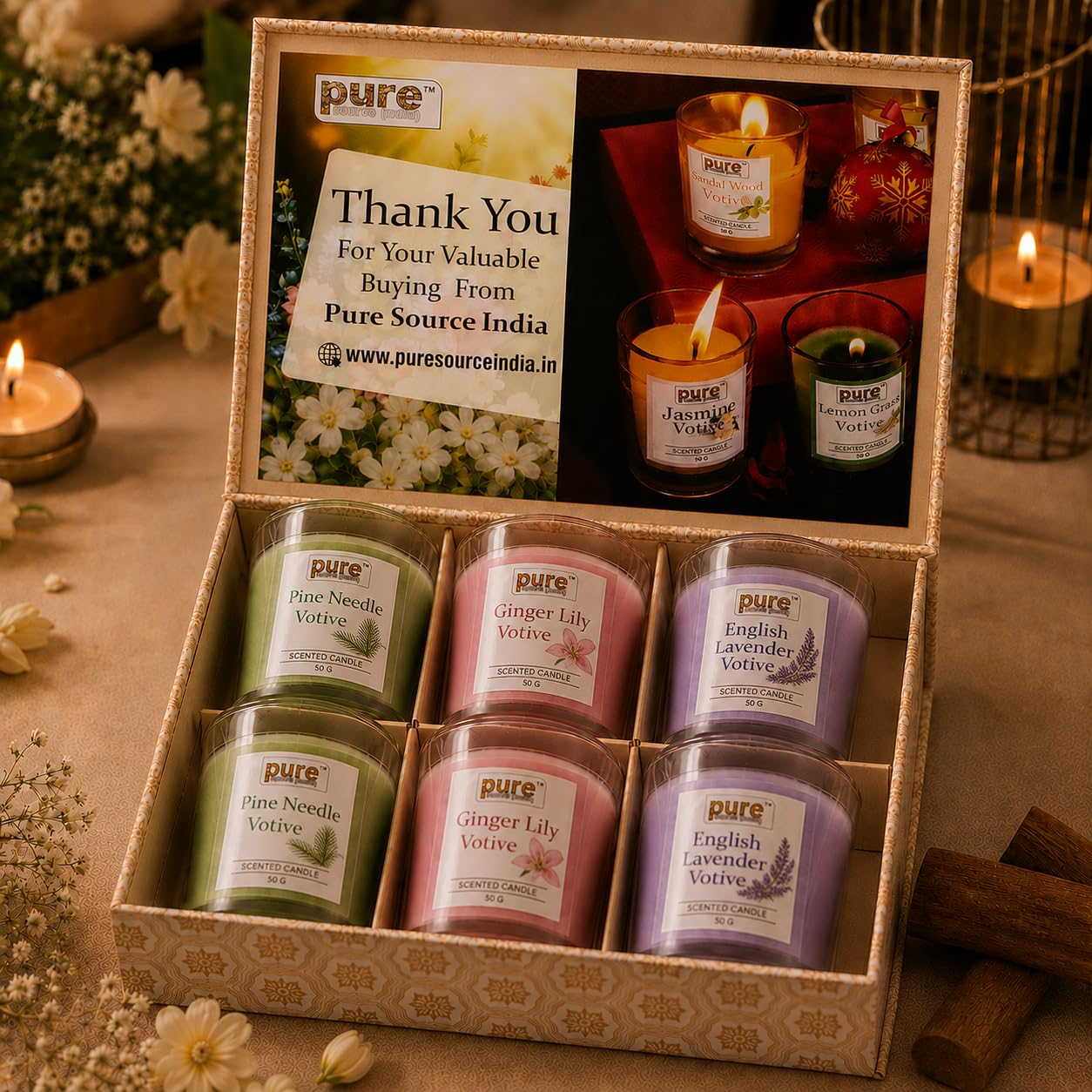 Pure Source India Premium Scented Candle Gift Box Set of 6 (50g Each) | for Home Décor, Diwali, Bedroom, Spa, Meditation & Gifting (Pine Needle, Ginger Lily & English Lavender)