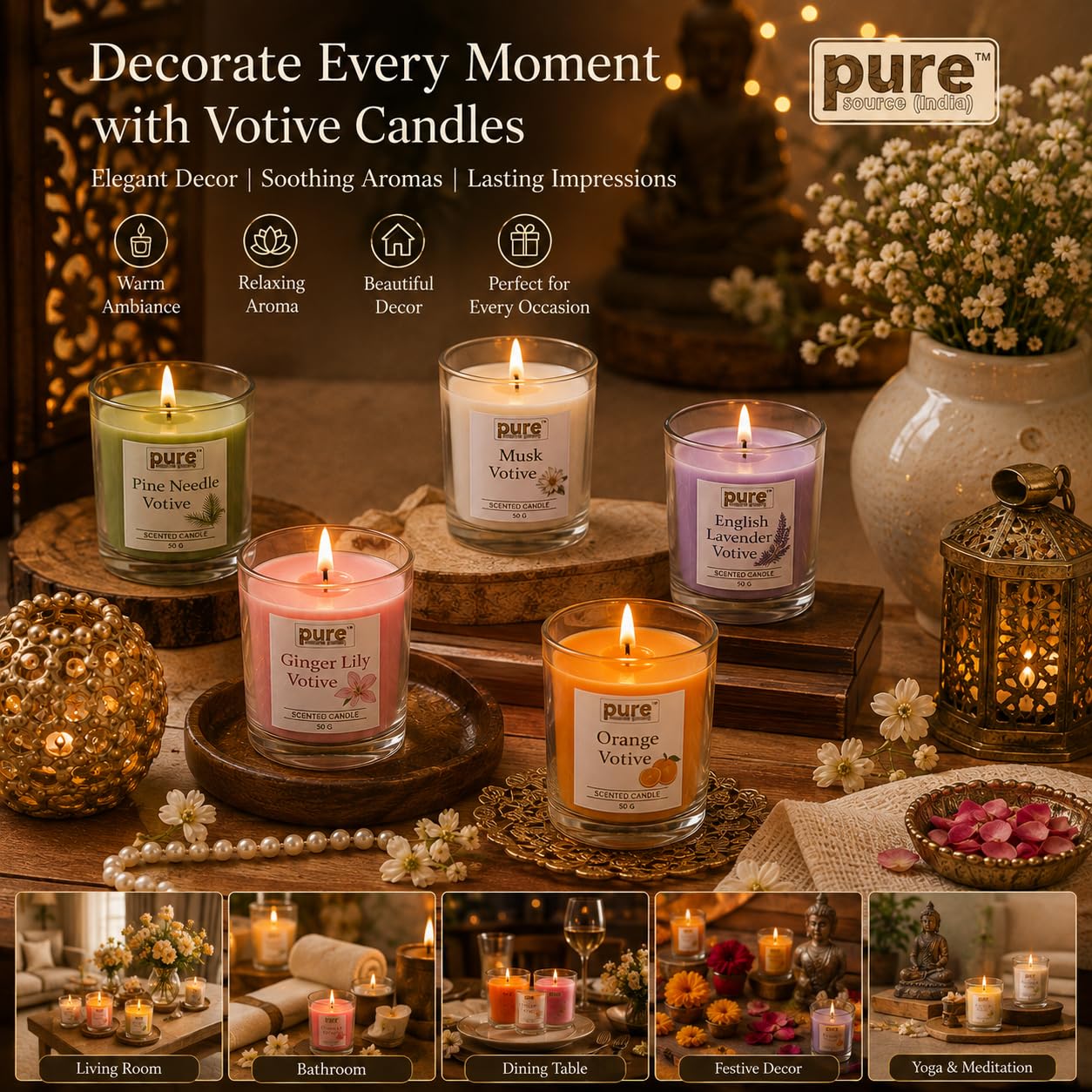 Pure Source India Premium Scented Candle Gift Box Set of 6 (50g Each) | for Home Décor, Diwali, Bedroom, Spa, Meditation & Gifting (Pine Needle, Ginger Lily & English Lavender)