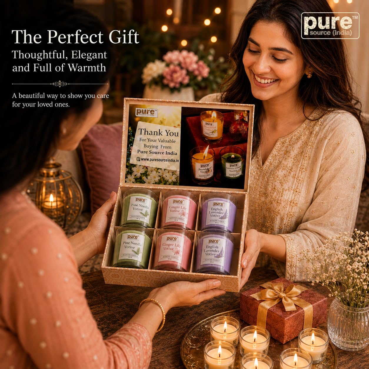 Pure Source India Premium Scented Candle Gift Box Set of 6 (50g Each) | for Home Décor, Diwali, Bedroom, Spa, Meditation & Gifting (Pine Needle, Ginger Lily & English Lavender)